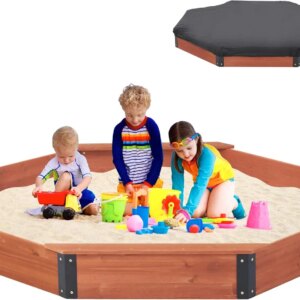 85”x78”x9” Octagon Sandbox with Cover for Kids Outdoor Play, Wood Large Sandpit with 4 Benches, Quick Easy Install