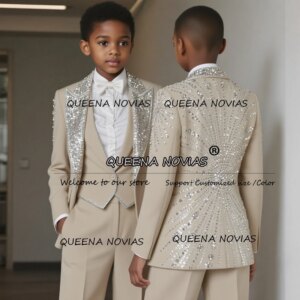 Brilliant Crystals Beaded Boys Suits For Wedding Sequins Lapel Prom Blazers Customized Children Birthday Party Tuxedo Kids Dress