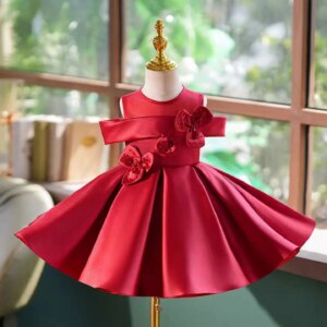 Dreamy Vow Graceful O-Neck Applique Satin Flower Baby Girl Dress for Kids Wedding Birthday Holiday Party Spring Ball Gown J798
