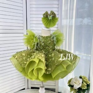 Girls Cute green Sleeveless sequined butterfly mesh dress elegant  Princess Ball Gown Children Fashion Birthday Party Performanc