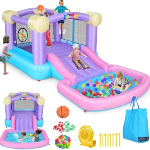 Inflatable Pink Bounce House for Kids 2-8 with Ball Pit, 161x82x63 All-in-ONE Jump and Slide Water Park w/50 Ocean Balls, 6 Dart