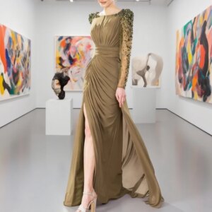 Crystal Long Sleeves Column Formal Evening Gowns Green Chiffon Side Split Mother of the Bride Dresses Luxury Wedding Party Dress