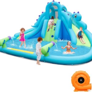 Inflatable Water Slide, Dinosaur Kids Waterslide Park for Outdoor Dual Slides for Racing Fun, Climbing Wall, with 584W Blower