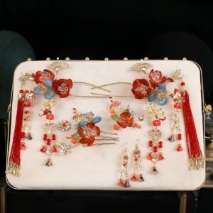 2025 Red New Style Xiuhe Headdress Chinese Bridal Glaze Tassel Xiuhe Clothing and Gown Wedding Dress Dress Hair Accessories