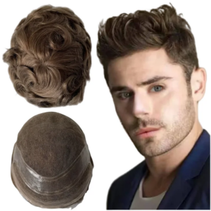 European Virgin Human Hair Hairpieces Light Brown Color #7 32mm Wave Hollywood Toupee 8×10 Front Lace Unit for White Men
