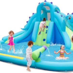 Inflatable Water Slide, Dinosaur Kids Mega Waterslide Park for Outdoor w/Dual Slides for Racing Fun, Heavy Climbing Wall