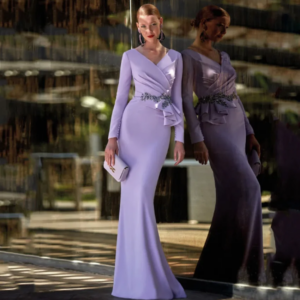 Fashion V Neck Long Sleeve Beading Pleat Sweep Train Jersey Stretch Wedding Guest Gown Lilac Mermaid Mother of The Bride Dress