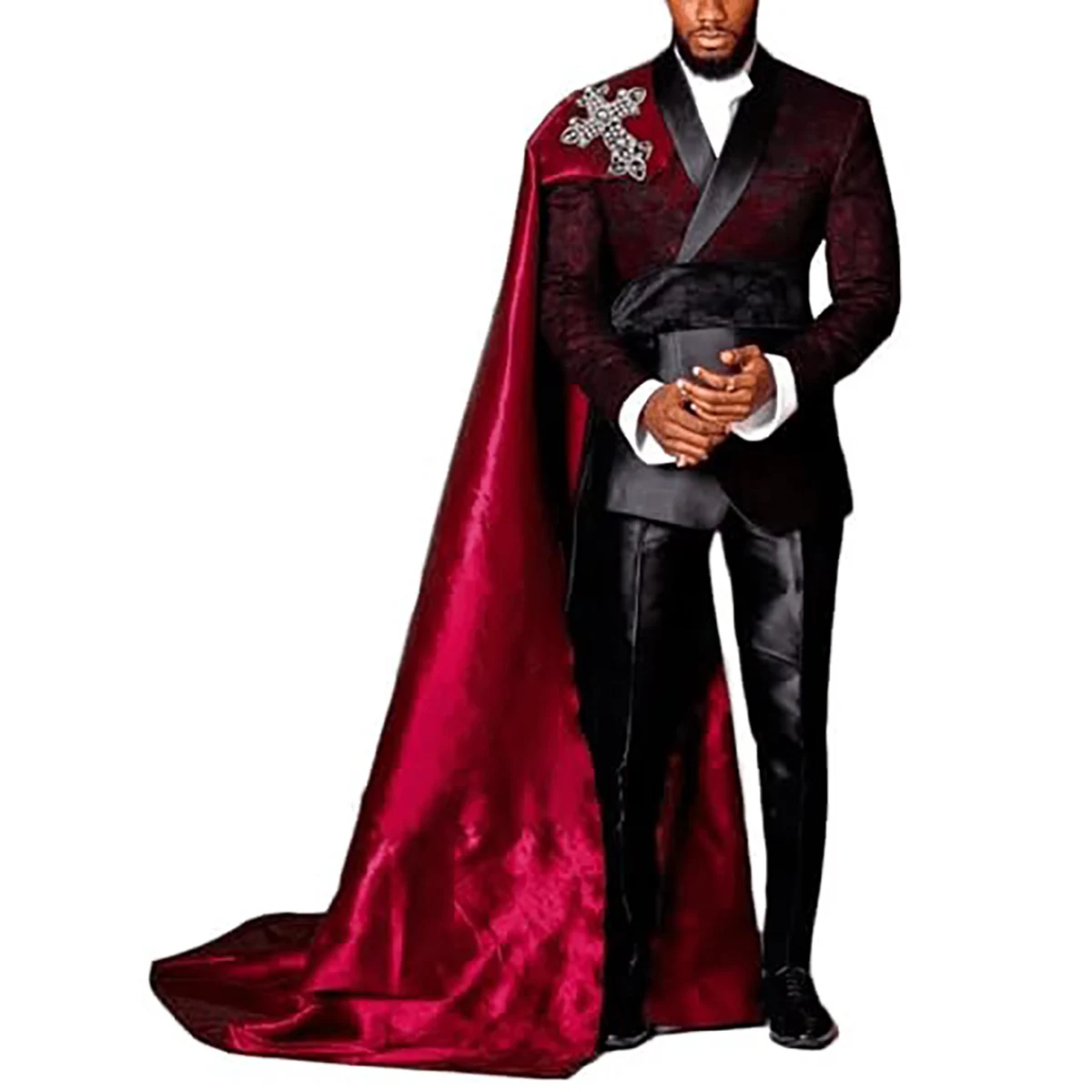 Halloween Red Men Suit Cross Skull Beetle Applique Shawl Lapel Groom Wear Party Tuxedo 3 Pcs Jacket+Pant+Cape Customized