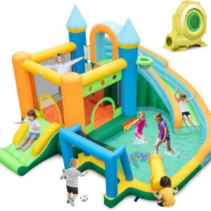 Inflatable Water Slide with 735w blower, 9 in 1 Giant Water Bounce House Park w/Dual Slides, Soccer Gate, Deep Splash Pool