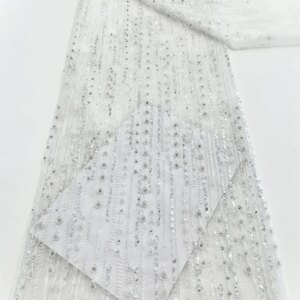 Nigeria French Tulle Lace Fabric Embroidery African Handmade Beaded Lace Fabric High End Mesh Material Luxury Sequins For Party