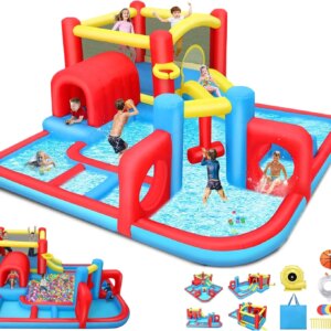 Inflatable Water Slide Bounce House, 14.3×14.3FT Maze Waterpark Obstacle Course w/Jump Area, Splash Pool, Obstacle, Slide, Punch