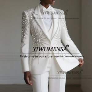Brilliant Beaded Crystals Women Suits 3 Pieces Sets Single Breasted Prom Tuxedos Customized Mother Of The Bride Dress Luxury