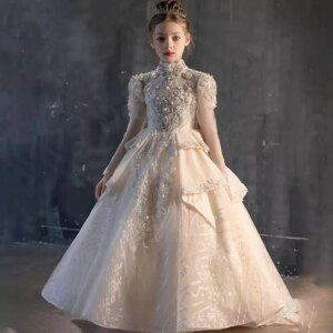 Dreamy Vow J122 Luxury Beads Ivory Lace Arabic Girl Dress Princess Long Sleeve Wedding Birthday Pageant Party Evening Ball Gown