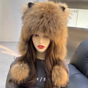 Real Raccon Fur Cap 2025 New Knitting Fur Beanie Hat Men Women Paragraph Quality Winter Hats Woman Y2k Warm Beanies Plush Caps