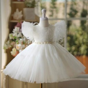 Jill Wish Elegant White Feathers Flower Girl Dress Puffy Sleeve Kids Princess Birthday Wedding Party Children Holiday Gown J450