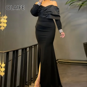 Glamorous Off-Shoulder Satin Saudi Arab Evening Bridal Dres with Long Sleeve Floor-Length Sheath Evening Gown Crystal Customized
