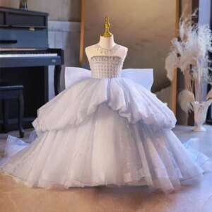 Jill Wish Luxury BLue Dubai Girl Dress Beaded Bow Arabic Princess Kids Wedding Birthday Party Long Ball Pageant Gown 2025 J135