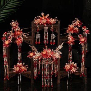 Bridal Headdress Red Ancient Style Chinese Clothing Xiuhe Clothing Gown Forehead Colored Glaze Flower Tassel Hair Accessories