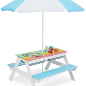 Kids Picnic Table, 3-in-1 Toddler Picnic Table with Height Adjustable Umbrella, Kids Outdoor Table with Detachable Tabletop & Re