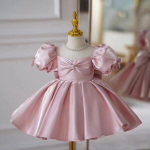 Dreamy Vow Elegant Pink Girl Dress Bowed for Kids Wedding Birthday Party Holiday Princess Celebration Knee Length Ball Gown J743