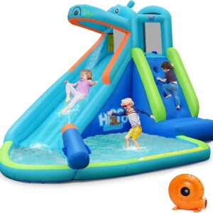 Inflatable Water Slide, Hippo Themed Kids Waterslide Park for Outdoor w/Long Slide, Splashing Pool, 740w Blower, Blow up Toddler