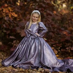 Elegant Purple Full Sleeves Flower Girl Dresses For Wedding 2025 Princess Shiny Birthday Party First Communion Gowns With Bow
