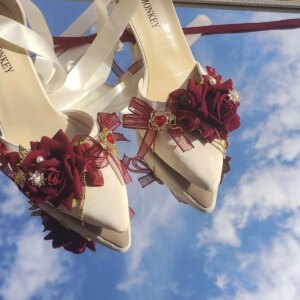 Lolita High Heels Wine Red Contrast Color Flower Wedding Pointed