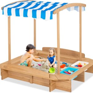 Kids Wooden Sandbox with Canopy, 50x46in Cedar Cabana Sandpit w/Ground Liner, 2 Toy Storage Boxes, Children Outdoor Playset Stat