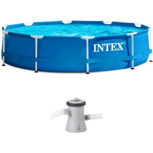 INTEX 28201EH Metal Frame Above Ground Swimming Pool Set: 10ft x 30in – Includes 330 GPH Cartridge Filter Pump – Puncture-Resist
