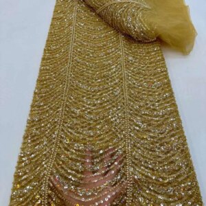 Gold Handmade Beaded Lace Fabric With Sequence Dubai High Quality Fabric 2024 Nigerian Beaded Fabric Lace For Sewing KB2818