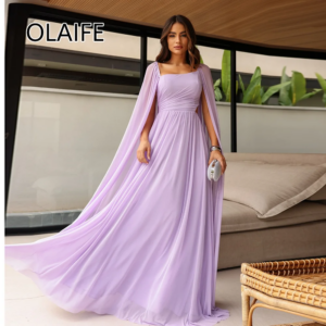 Modest Square Collar Chiffon Flowing A-line Floor Length Court Backelss Evening Gown فساتين سهرة with Cape Customized
