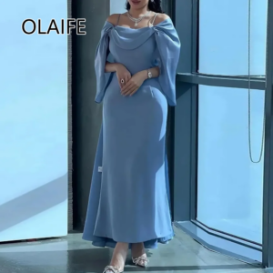 Saudi Arab Spaghetti Straps Satin Solid Evening Dres Ankle-Length Sheath Backless Evening Bridal Gown with Cape Customized