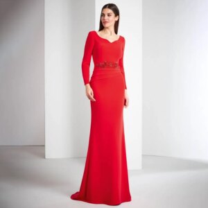 Elegant Mother of the Bride Dresses Long Sleeves Mermaid Wedding Guest Gowns for Women V Neck Beaded Applique Red Formal Dress