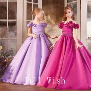 Jill Wish Elegant Fuchsia Girl Dress Appliques Lilac Princess Dubai Gown for Kids Wedding Communion Party Quinceanera 2025 J167