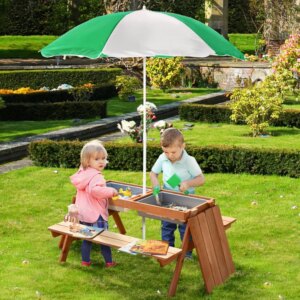 Outsunny Kids Picnic Table with Umbrella Sand and Water Table Kids Outdoor Furniture, Wooden Bench Backyard Furniture for Garden