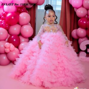 EVLAST Customized Pink Long Sleeve Flower Girl Dress For Weddings Crystal Beaded Little Girls Pageant Holy Communion Gown FD89