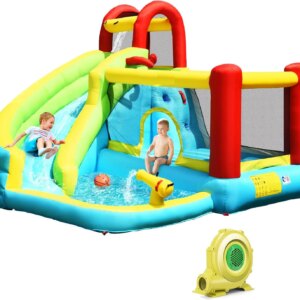 6-in-1 Bounce House With 480W Blower, Inflatable Jumper w/Slide, Climbing Wall, Splash Pool, Water Gun, Basketball Hoop