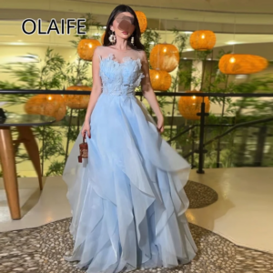 Charming Strapless Tulle Ruffles Saudi Evening Dres A-line Backless Floor-Length Evening Arab Gown with Lace Customized