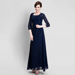 New Mother’s Dresses Chiffon 3/4 Long Sleeve Jacket Scoop Mother Formal Wear Knee Length Sheath Column Short Gowns