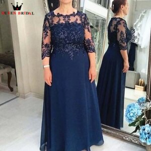 Navy Blue Elegant Mother of the Bride Dress Chiffon Three Quarter Lace Appliques vestido mae da noiva Plus Size Custom DT37