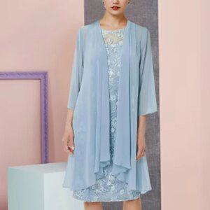 Sky Blue Casual Mother of the Bride Groom Dress Elegant Knee-Length Lace Mermaid Skirt Chiffon Jacket Half-sleeves customized