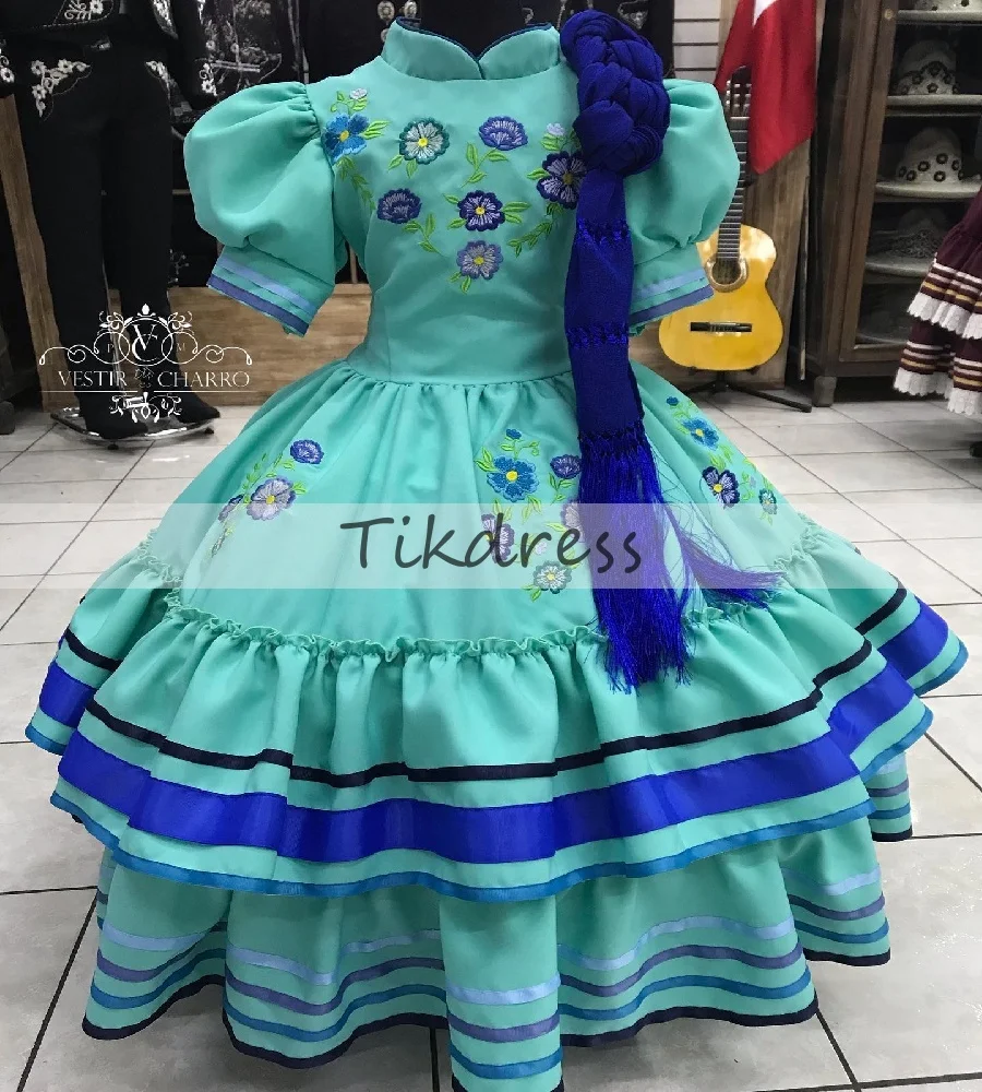 Mexican Mint Flower Girls Dress With Embroidery Flowers Escaramuza Charro Pageant Kids Birthday Dress Tutu Party DressCustomized