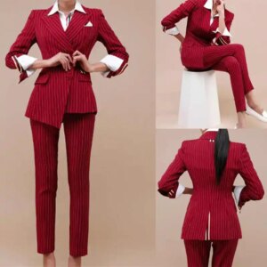 Red Stripes Slim Fit Women Suits Set Super Long Blazer Straight Pants Custom Made Office Lady Party Prom Wear 2 Pieces