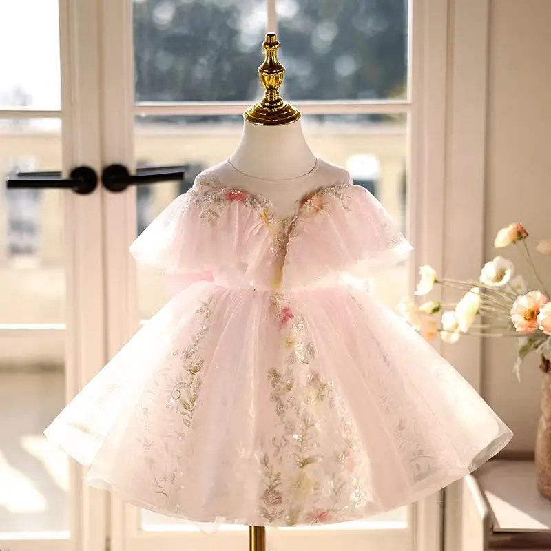 Dreamy Vow Elegant Pink Baby Girl Dress with Bow for Kids 1st Wedding Birthday Holiday Party Holiday Knee Length Ball Gown J472
