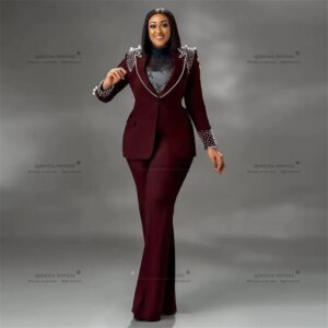 Burgudy Women Pants Suits Handmade Pearls Prom Blazers Customized Bride’s Mother Dress Formal Party Ladies Business Party Gowns