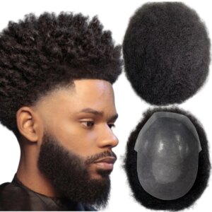 Indian Virgin Human Hair Systems 4mm Afro Color #1 Jet Black Poly Skin Units 8×10 Full PU Toupee for Black Men