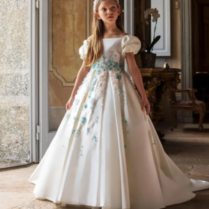 Luxury White Girl Dress Handmade Flowers Satin Princess Dubai Kids Wedding Birthday Communion Party Pageant Gown