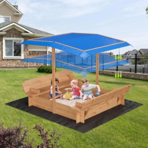 Wooden Sandbox with Lid, Kids Sandbox with Canopy Outdoor, with Covers and Foldable Bench Seats, UV-Resistant & Adjustable Heigh