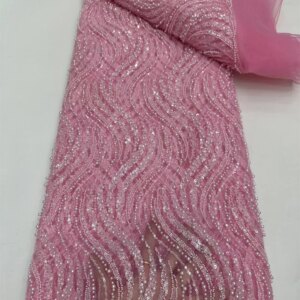 African Lace Fabric 2025 High Quality 5Yard Pink Lace Fabric High Quality Nigerian Net Luxury Handmade Wedding Beads Lace A914-1