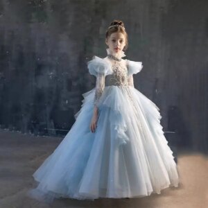 Jill Wish J378 Luxury Blue Dubai Girl Dress Beaded Pearls Arabic Princess Kids Wedding Birthday Party Ball Gown Communion